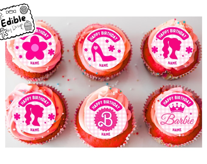 Pink Barbie Theme Birthday 2" Cupcake Toppers x 15 Edible Circles printed with edible ink Personalised with Name of your choice Girls Party