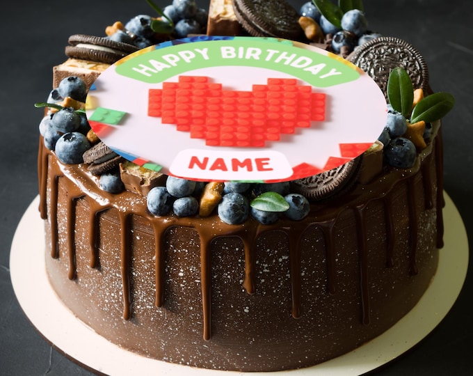 Lego Heart Theme 8" Round Cake Topper x 1 Edible Circle printed with edible ink Personalised with Name Perfect Lego brick party cake topper