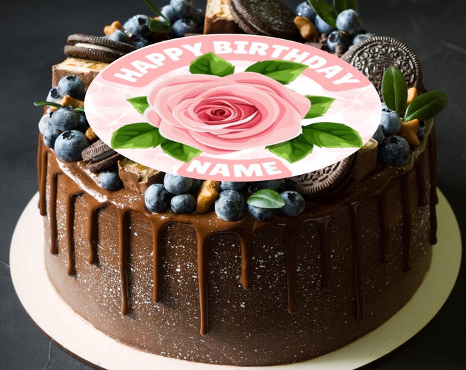 Personalised Pink Roses Birthday Large Round Cake Topper: Edible Icing or Wafer