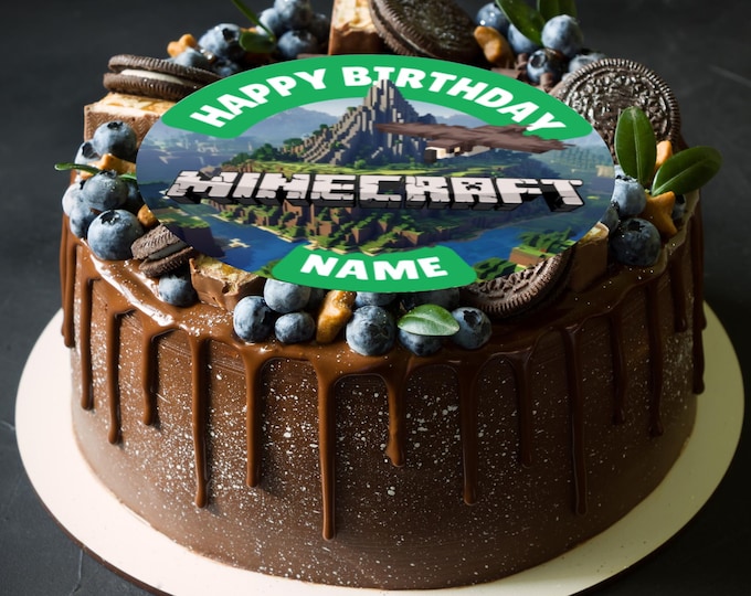 Minecraft Theme Birthday Large Cake Topper Edible Circle printed with edible ink Personalised Name and Age 5" 5.5" 6" 8" Icing Wafer Paper