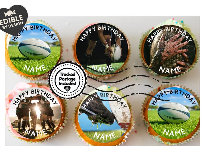 Rugby Football Personalised Birthday Cake Toppers Edible Circles printed with edible ink