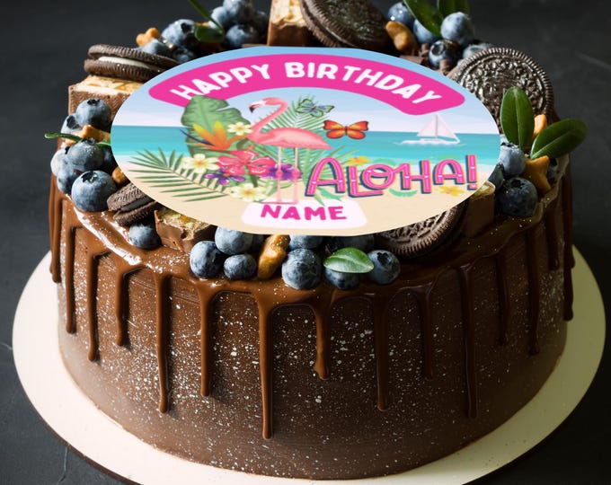 Hawaii Theme Round Birthday 8" Cake Topper x 1 Edible Circle printed with edible ink Personalised with Name of your choice Tropical Party