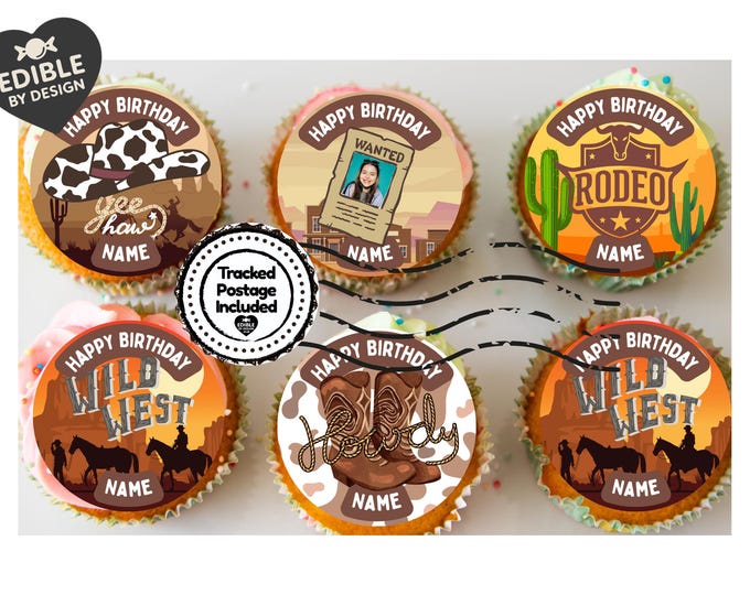 Personalised Rodeo Wild West Cupcake Toppers: Edible Icing or Wafer matching Invitations Stickers Balloon Party Pack