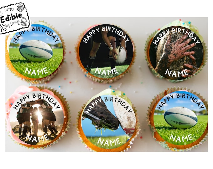 Rugby Football Personalised Birthday Cupcake Toppers Edible Circles printed with edible ink Rugby decoration cupcakes 2" 2.5" 3" 3.5" 4"