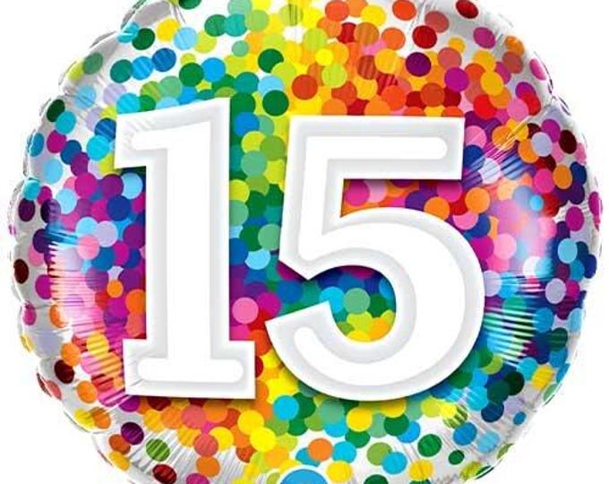 Rainbow Confetti Foil Number 15 Balloon - Qualatex - 18" round Balloon for Helium or Air