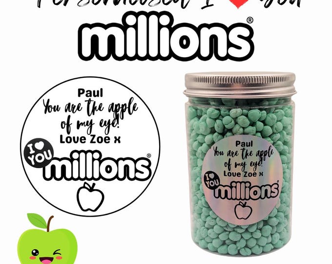 Apple I Love You Millions - Round Jar Personalised with your choice of names on sticker - Cute Gift Perfect Birthday, Anniversary