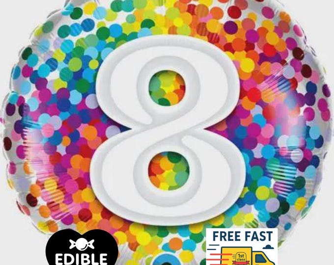Rainbow Confetti Foil Number 8 Balloon - Qualatex - 18" round Balloon for Helium or Air