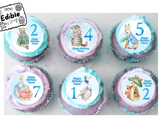 Beatrix Potter Age Birthday Personalised 2" Cupcake Toppers x 15 Edible Circles printed with edible ink. Perfect for baby, toddler or child