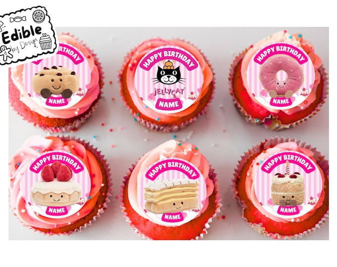 JellyCat Cake Patisserie Theme Birthday 2" Cupcake Toppers x 15 Edible Circles printed with edible ink Personalised with Name of your choice