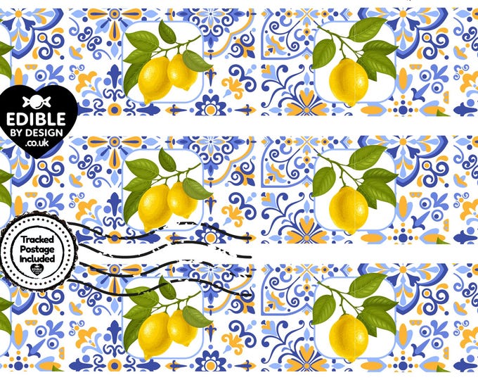 Italianate Blue White & Lemon Tiles - Ribbon Border Edging for Cake in Icing
