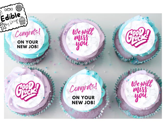 Pink Leaving Job New Job 2" Cupcake Toppers x 15 - Edible Circles printed with edible ink.  Icing toppers ready to put on your cakes!