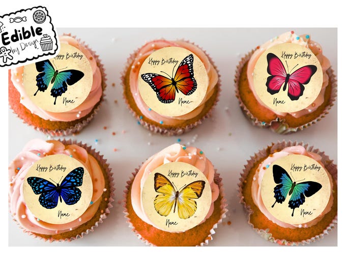 Butterflies Personalised Birthday 2" Cupcake Toppers x 15 Edible Circles printed with edible ink. Butterfly decoration cupcakes