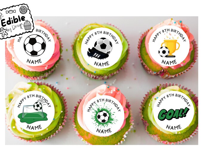 Football Theme Birthday 2" Cupcake Toppers x 15 - Edible Circles printed with edible ink.  Personalised with Name of your choice! Soccer Fun
