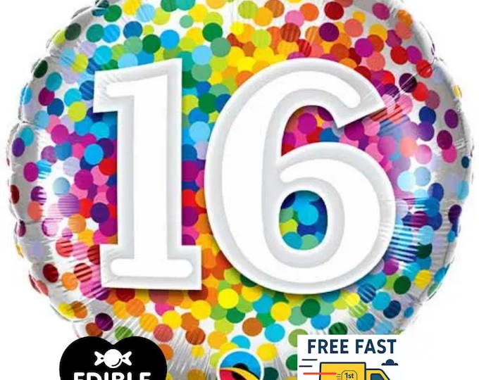 Rainbow Confetti Foil Number 16 Balloon - Qualatex - 18" round Balloon for Helium or Air