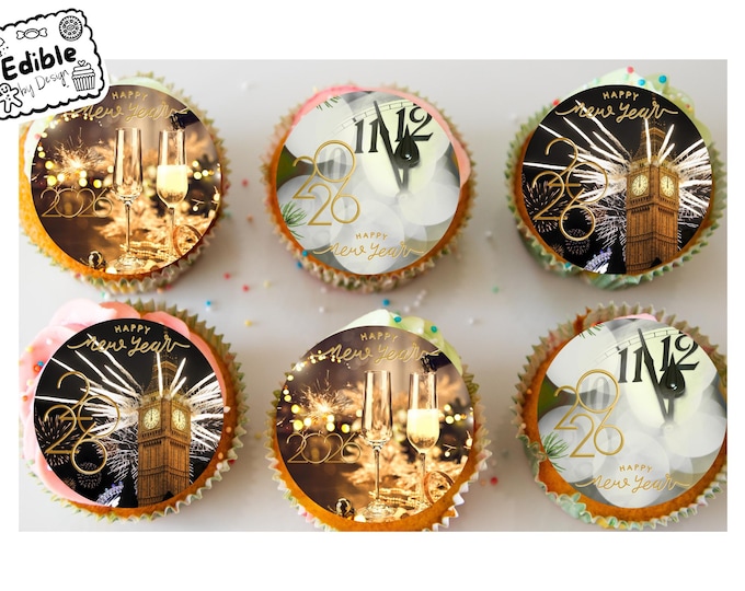 2026 Happy New Year Cupcake Toppers Edible Icing or Wafer Circles printed edible ink