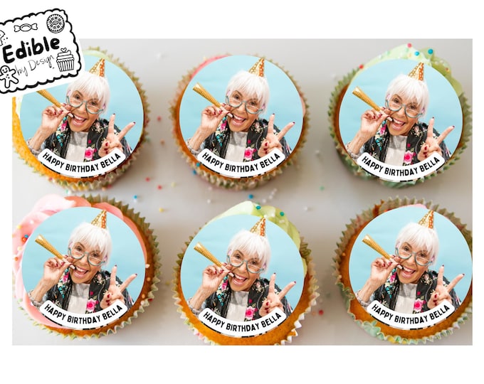 Photo 2" Cupcake Toppers x 15 Edible Circles printed with edible ink, your photo with text of your choice perfect Birthday, Anniversary Cake