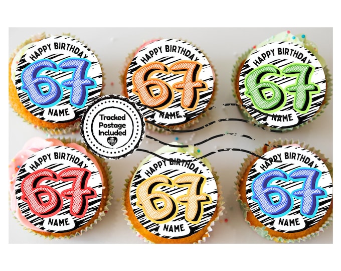 Personalised 67 Cupcake Toppers: Edible Icing or Wafer matching Invitations Stickers Balloon Party Pack