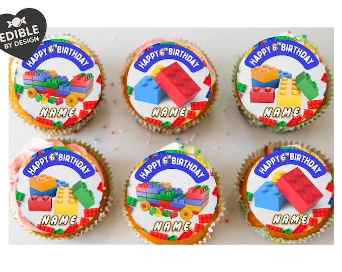 Personalised Building Block Birthday Cake Toppers: Edible Icing or Wafer matching Invitations Stickers Balloon Party Pack