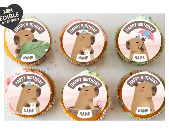 Personalised Capybara Cupcake Toppers: Edible Icing or Wafer matching Invitations Stickers Balloon Party Pack