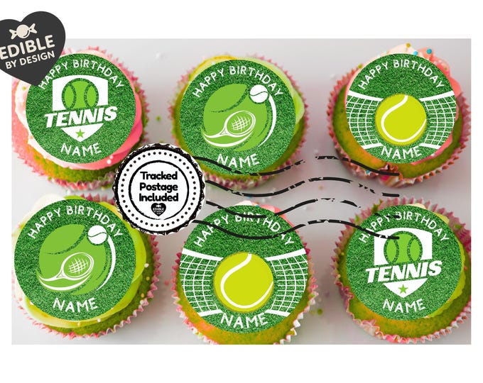 Tennis Theme Birthday Cake Toppers with name and age on Wafer or Icing