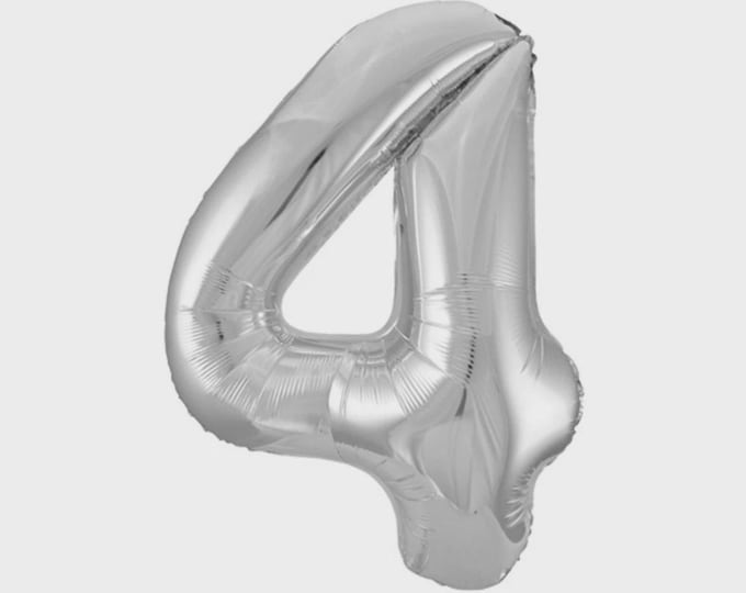 Giant Silver Number 4 Foil Balloon - Unique - 34" high max Age 4 Balloon for Helium or Air