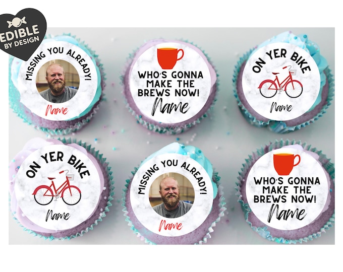 Funny Leaving Job New Job Cupcake Toppers Edible Circles printed with edible ink.  Personalised with Name and Photo of your choice!
