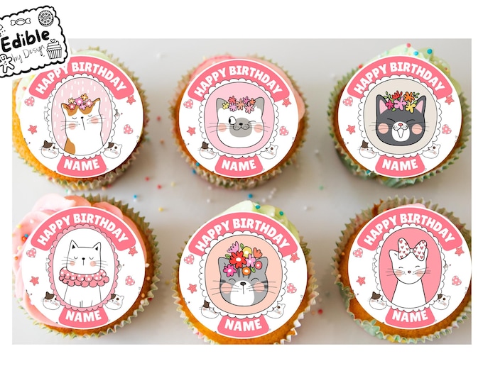 Cute Kitten Cat Theme Personalised Birthday Cupcake Toppers Icing or Wafer Edible Circles printed with edible ink