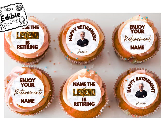 Work Retirement Cupcake Toppers Edible Circles printed with edible ink Personalised with Name & Photo of your choice 2" 2.5" 3" 3.5" 4" 4.5"