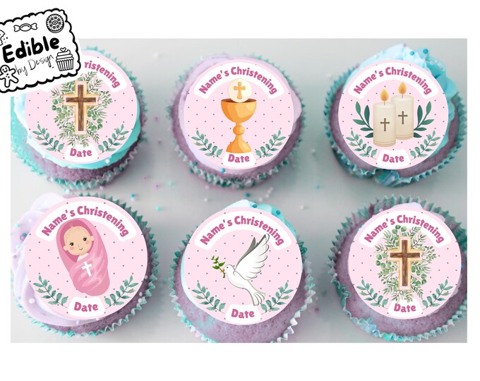 Christening 2" Cupcake Toppers x 15 Edible Circles printed with edible ink Personalised with Name and date of your choice Pinks Baby Girl