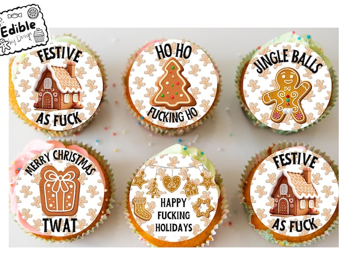MATURE Rude Funny Happy Christmas Cupcake Toppers Edible Circles printed with edible ink. Perfect Fun Festive Christmas Cupcakes 2" 3" 4"