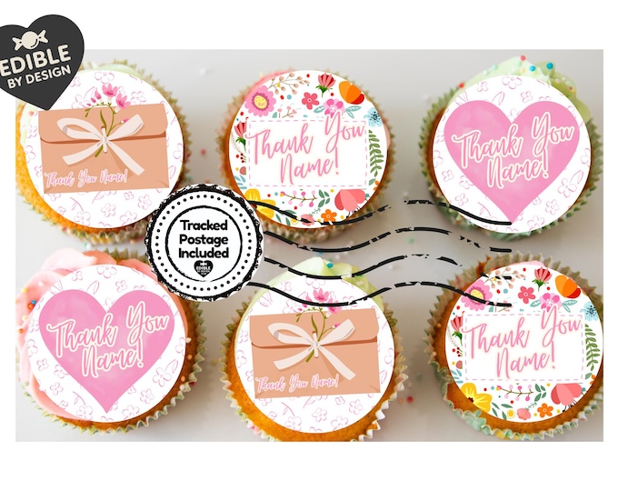 Thank You Personalised Cake Toppers: Floral Design Edible Image Circles on Icing or Wafer