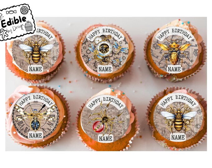 Steampunk Insect Theme Birthday 2" Cupcake Toppers x 15 Edible Circles printed with edible ink Personalised Name of your choice Clockface
