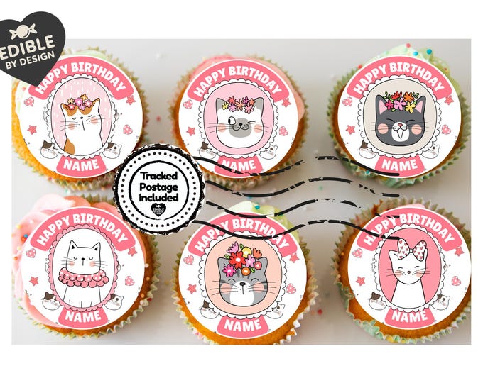 Cute Cat Personalised Birthday Cake Toppers Icing or Wafer matching Invitations Stickers Balloon Party Pack