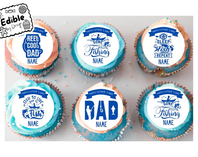 Personalised Fathers Day Fishing 2" Cupcake Toppers 15 Edible Circles printed edible ink. Perfect Angling themed Cake Toppers for Dad.