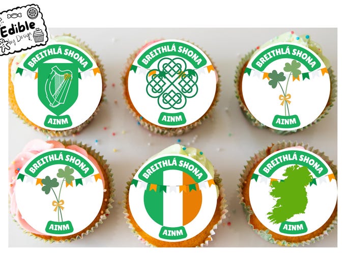 Irish Gaelic Breithlá Shona Happy Birthday Personalised Cupcake Toppers Edible Circles printed with edible ink. Ireland Theme 2" 2.5" 3" 4"