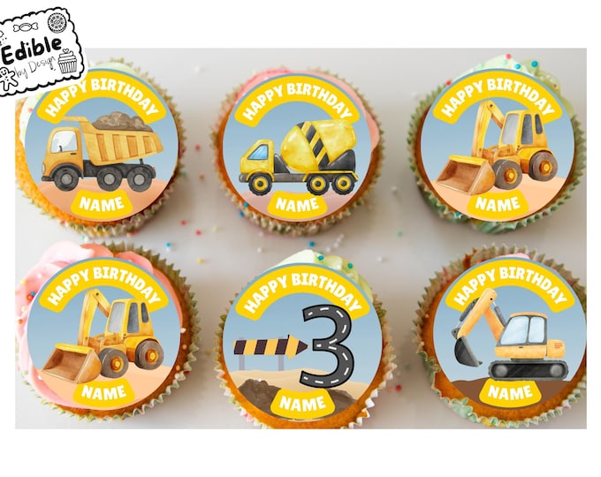 Digger Building Site Theme Birthday Cupcake Toppers Edible Circles printed with edible ink Personalised Name Age of choice 2" 3" 4"