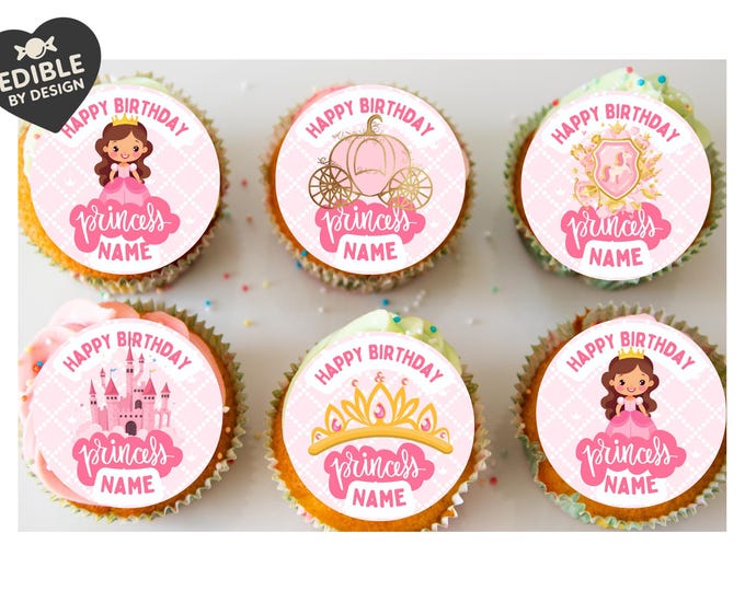 Personalised Pink Princess Birthday Cake Toppers Edible Circles matching Invitations Stickers Balloon Party Pack