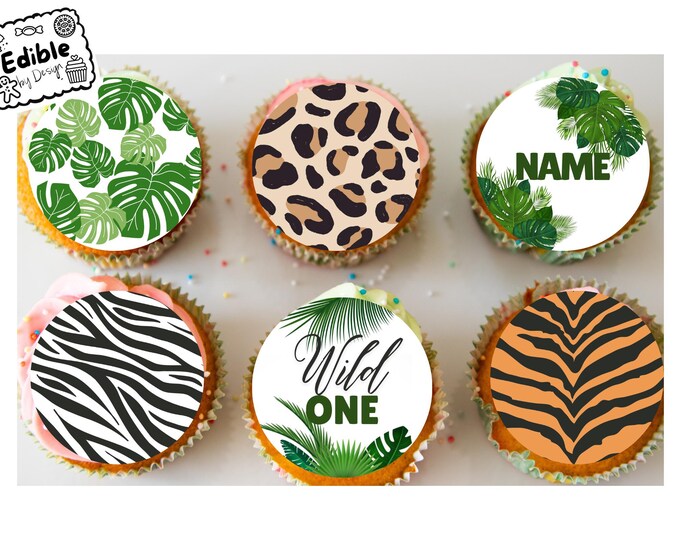 Wild One Jungle Theme Birthday Cupcake Toppers Edible Circles printed with edible ink Icing or Wafer Personalised Name and Age 2" 2.5" 3" 4"