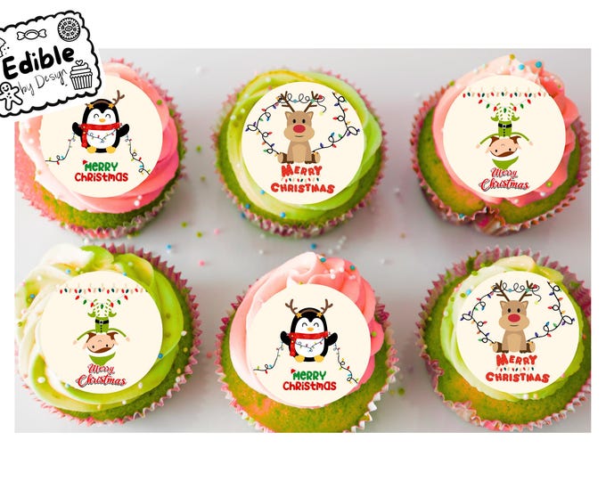 Happy Christmas Cute Theme Cupcake Toppers Edible Circles printed with edible ink. Perfect for Fun Festive Christmas Cupcakes 2" 2.5" 3" 4"