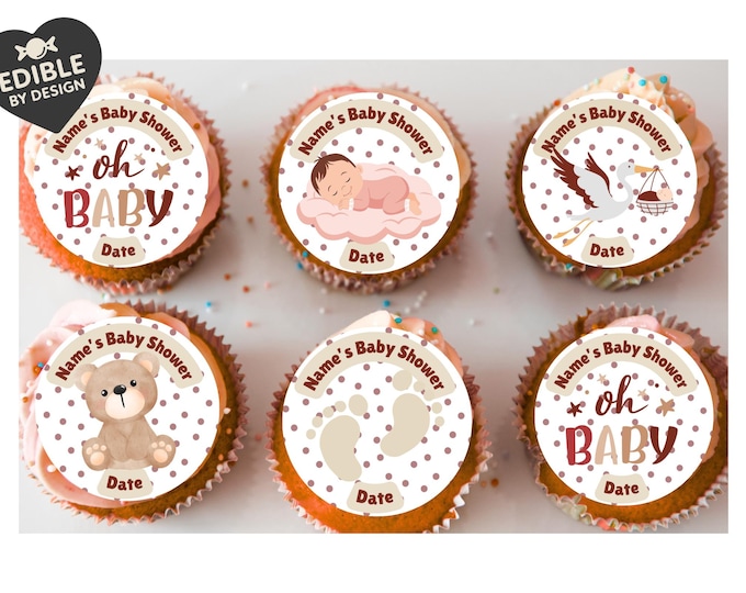 Personalised Baby Shower Cupcake Toppers: Neutral Cream, Edible Ink on Icing or Wafer