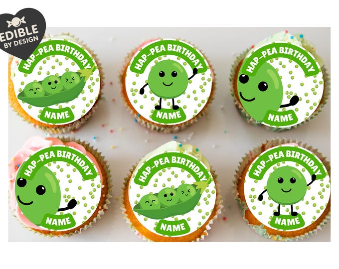 Personalised Hap-pea Birthday Cake Toppers: Edible Icing or Wafer matching Invitations Stickers Balloon Party Pack