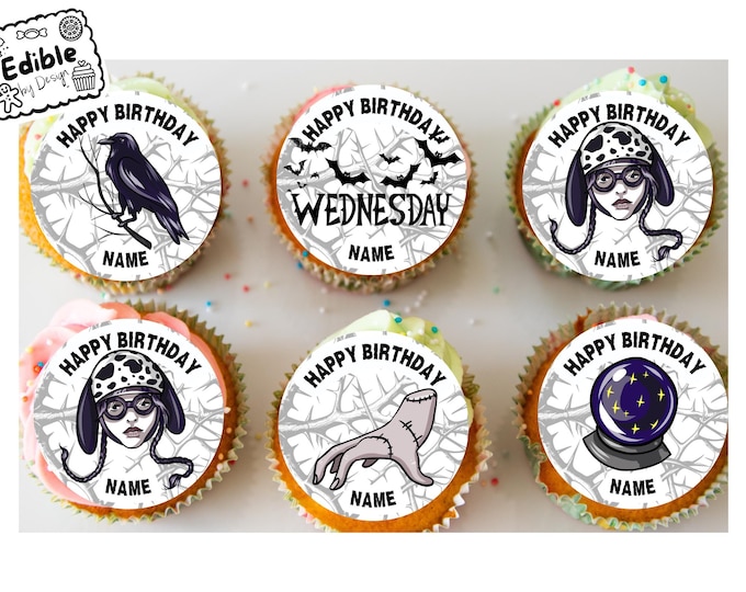 Wednesday Addams Theme Happy Birthday Party 2" Cupcake Toppers x 15 Edible Circles printed with edible ink