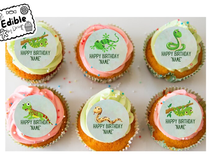 Reptile Theme Birthday 2" Cupcake Toppers x 15 Edible Circles printed with edible ink.  Personalised with Name of your choice Lizards Snakes