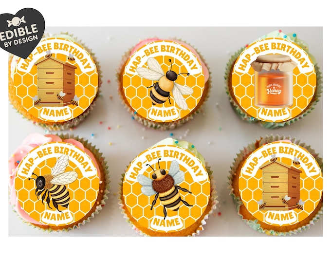 Honey Bee Theme Birthday Cake Toppers Edible Icing Wafer Circles Personalised Name Age