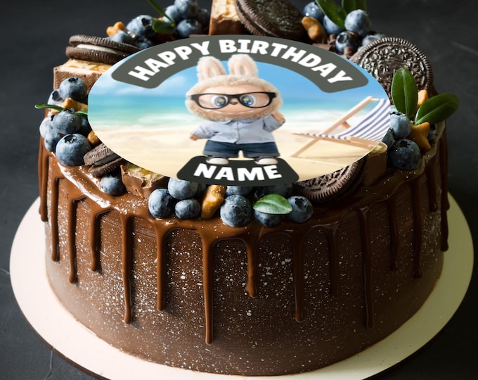 Labubu Doll Theme Birthday Large Cake Topper Edible Circle printed with edible ink Personalised with Name and Age 5" 5.5" 6" 8" Icing Wafer