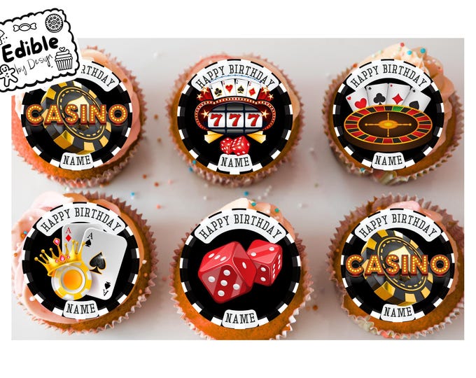 Casino Theme Birthday Personalised Cupcake Toppers Edible Circles printed with edible ink. Cards Chips Dice decoration cupcakes 2" 3" 4"