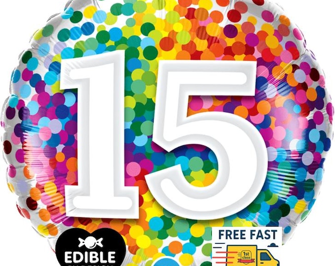 Rainbow Confetti Foil Number 15 Balloon - Qualatex - 18" round Balloon for Helium or Air