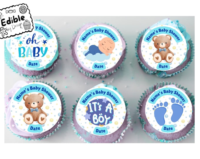 Baby Shower Boy Blue Party 2" Cupcake Toppers x 15 Edible Circles printed with edible ink Personalised with Name and date of your choice