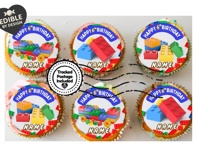 Personalised Building Block Birthday Cake Toppers: Edible Icing or Wafer matching Invitations Stickers Balloon Party Pack