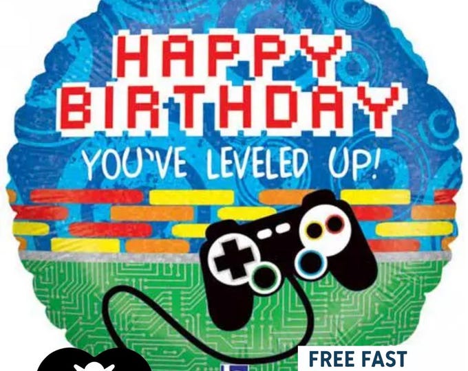 Levelled Up Happy Birthday Foil Balloon - 18" round Balloon for Helium or Air